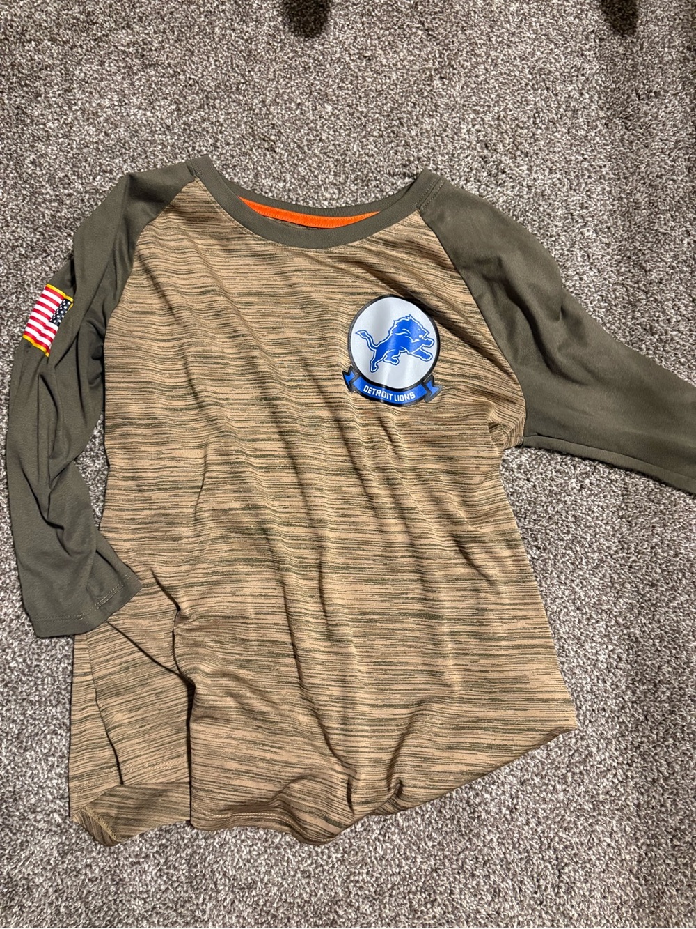 Nike Olive Green and Tan Long Sleeve Detroit Lions Raglan Tee